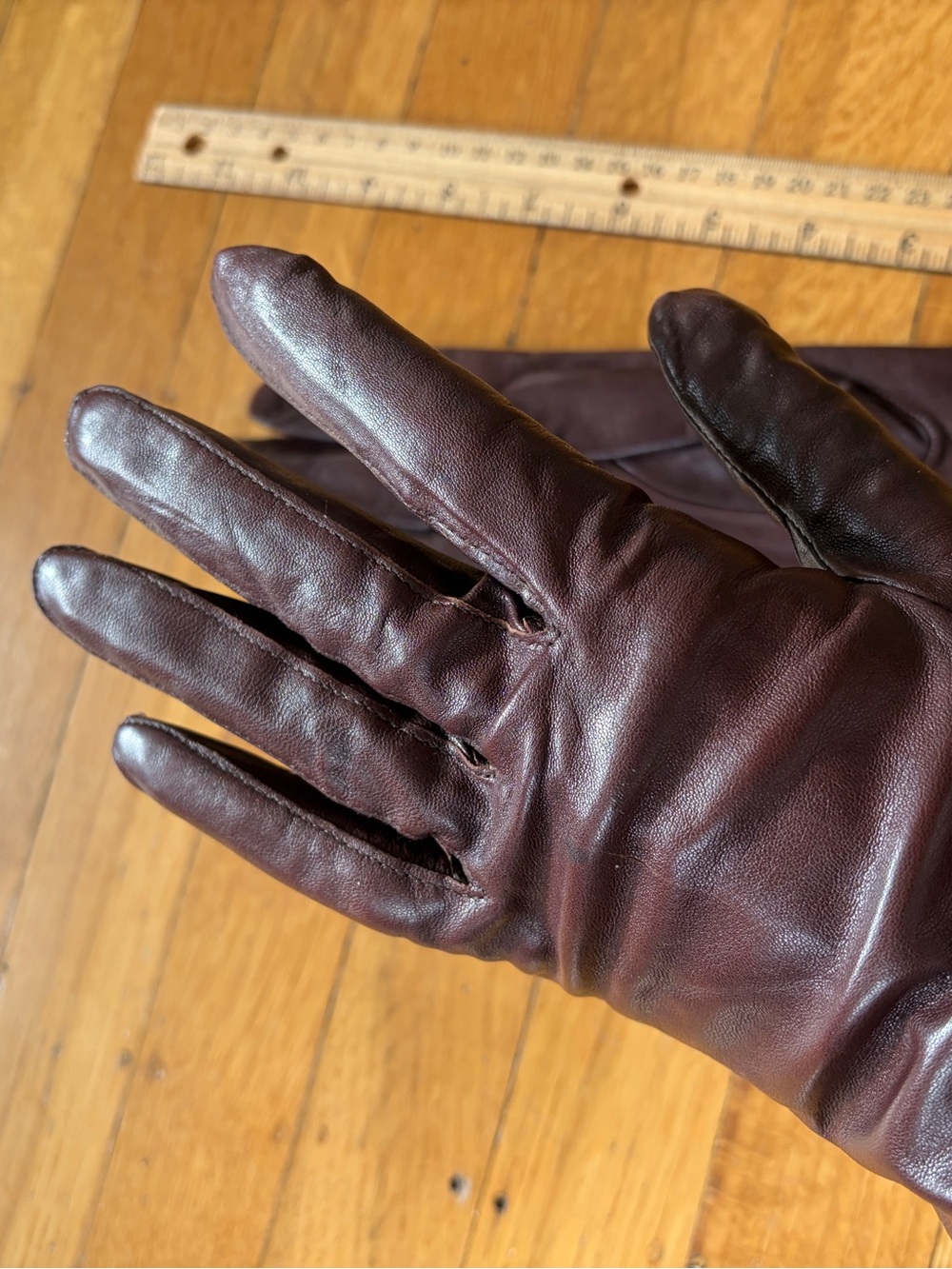 Vintage lined buttery soft leather gloves 8 L brown burgundy chocolate